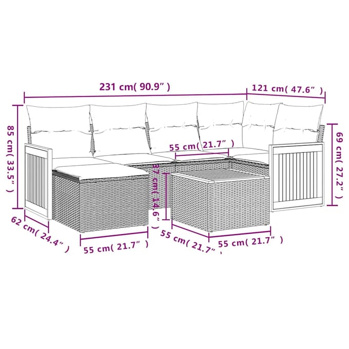 vidaXL - 7-delige - Loungeset - met - kussens - poly - rattan - grijs