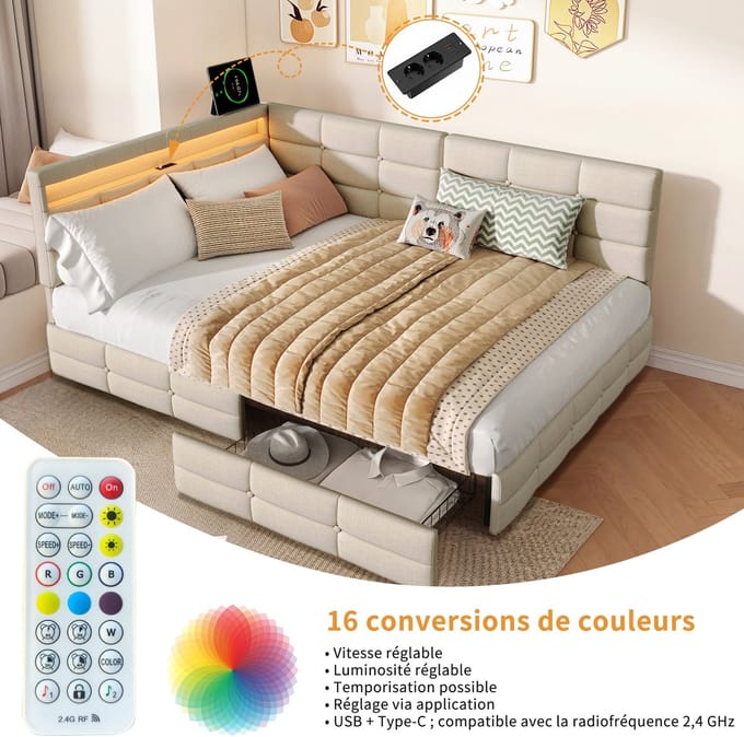 Upholstered sofa bed, 140x190 cm, with LED light and USB port, storage bed frame, two drawers, double bed, youth bed, linen fabric, beige