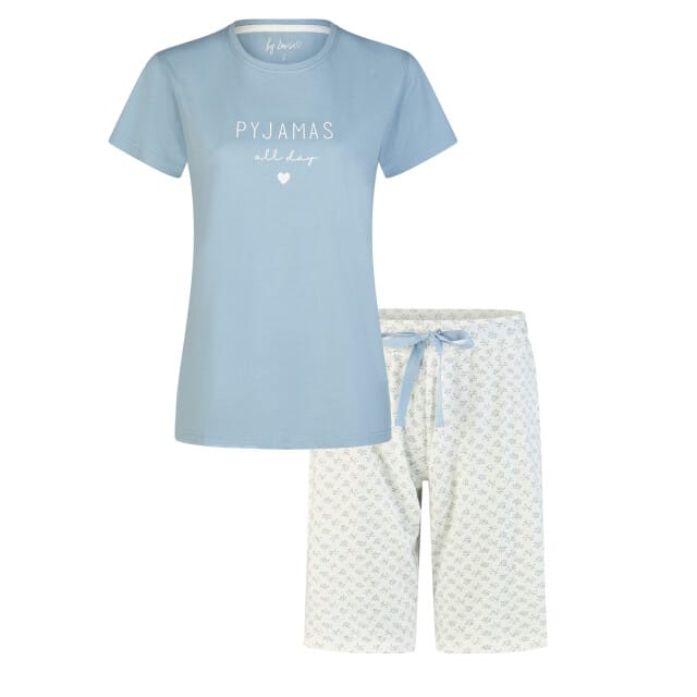 By Louise Dames Shortama Korte Pyjama Set Blauw/Wit Gebloemd - Maat S