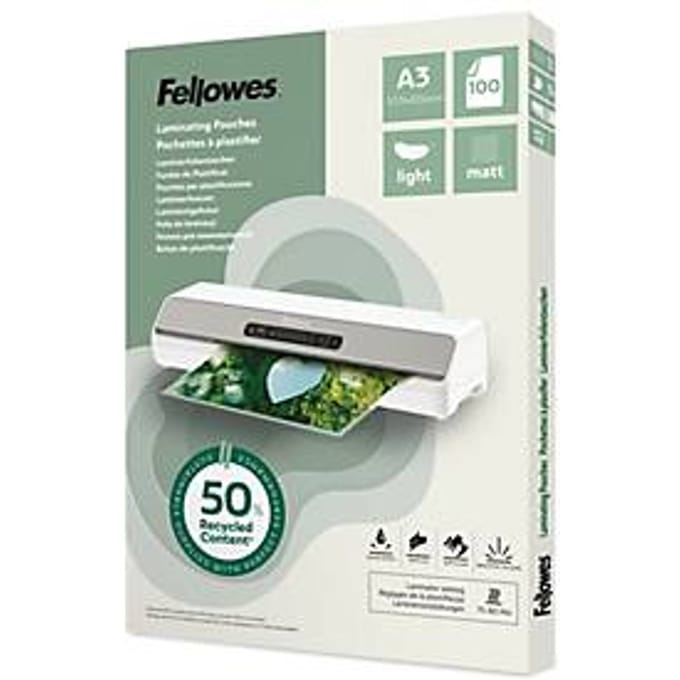Fellowes® lamineerfolies, formaat A3, foliedikte 80 µ, gerecycled PET, transparant-mat, 100 stuks