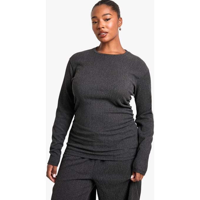 boohoo Dames Plus Gerimpelde Zijkant Lange Mouw Getextureerde Top | Charcoal | Maat: 16