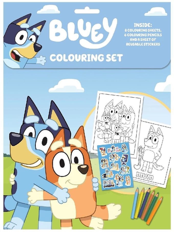 Bluey - Kleurset - 8 Kleurplaten - 6 Potloden & Grote Stickers
