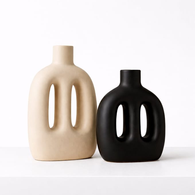 Atmosphera | Vaas – Set van 2 – Zwart en Beige – Keramiek – Modern Design – 11x6x20 cm
