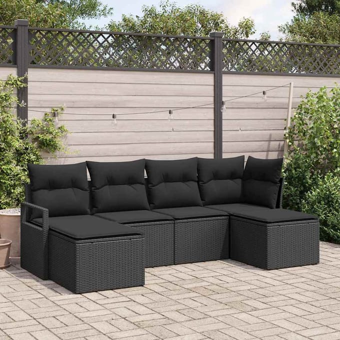 vidaXL Bankstel met kussen met opslag 6 pcs Zwart poly rattan