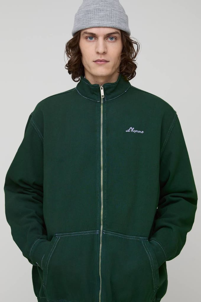 Tall L'Homme Contrast Stitch Relaxed Fit Twill Track Jacket | Green | Size Medium