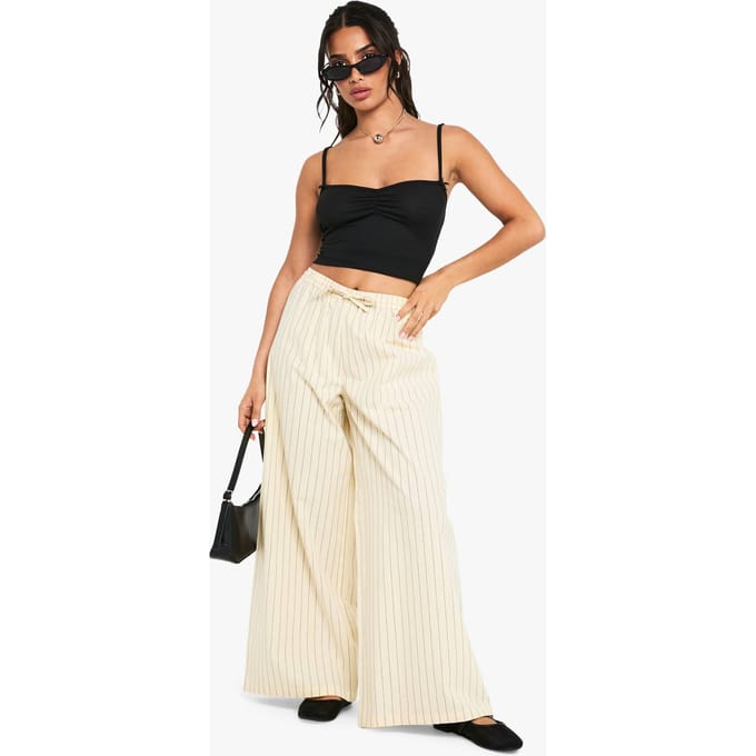 boohoo Dames Petite gestreepte broeken met linnen-look | Ecru | Maat: 12