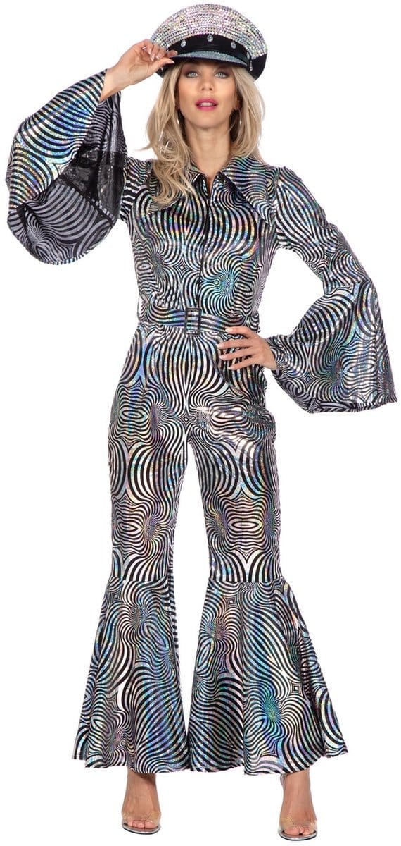 Disco Catsuit Cirkels Holografisch Zilver - Maat 42