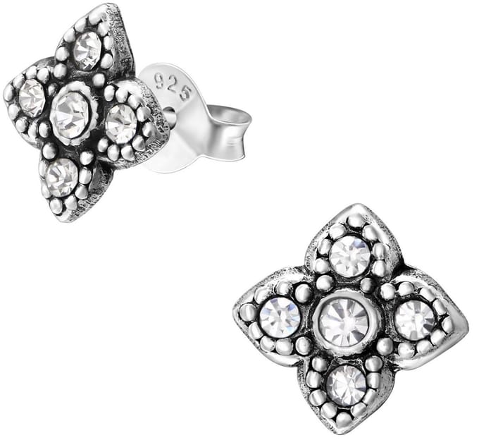 Joy|S - Zilveren Bali bloem oorbellen - 9 mm - kristal