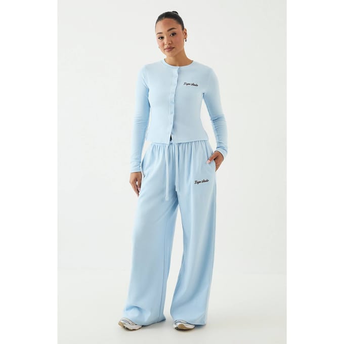Dames Dsgn Studio Geborduurd Ribgebreide Wijde Pijpenbroek | Lichtblauw | Maat: 2XL