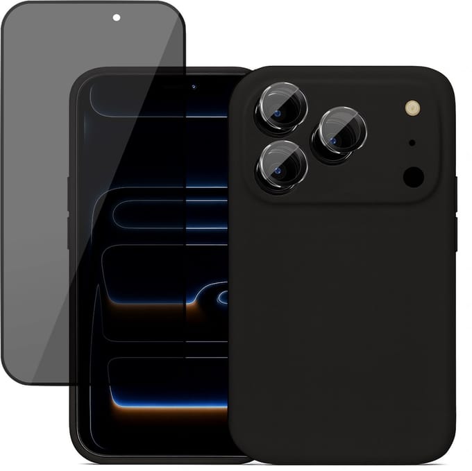 Hoesje geschikt voor iPhone 17 Pro - Privacy Screenprotector Volledig Dekkend Glas & Camera Protector - Mat Back Case Zwart