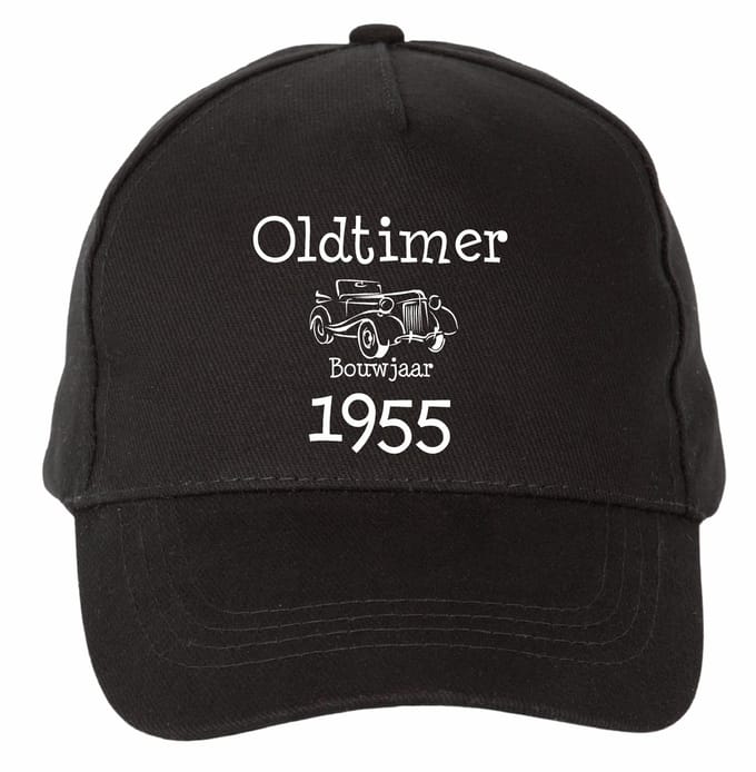 Mijncadeautje - 5 panel - Cap - Verstelbaar - Pet van 100% dik geborsteld katoen- unisex - opdruk wit - Oldtimer 1955 - zwart