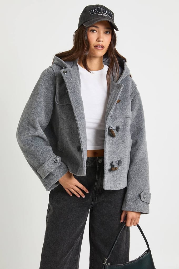 boohoo Dames Hooded Toggle Wol-Look Jas | Grey Marl | Maat: 14