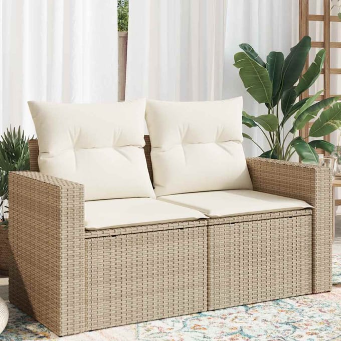 vidaXL - Tuinbank - 2-zits - met - kussens - poly - rattan - beige