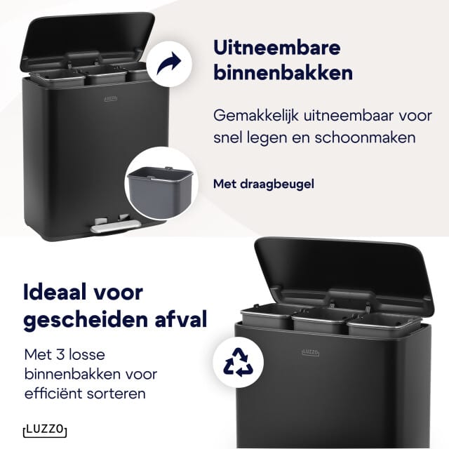 Luzzo Pedaalemmer 51 liter - 3 bakken voor Afvalscheiding - Zwart