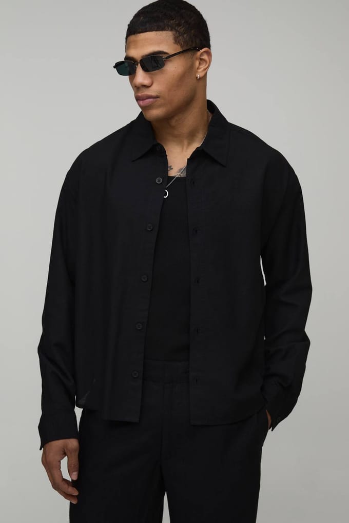Oversized Boxy Long Sleeve Linen Co-Ord Blend Shirt | Black | Size Small