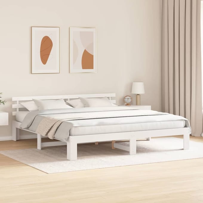 vidaXL - Bedframe - met - hoofdeinde - Wit - 200 - x - 200 - cm - Massief - grenenhout