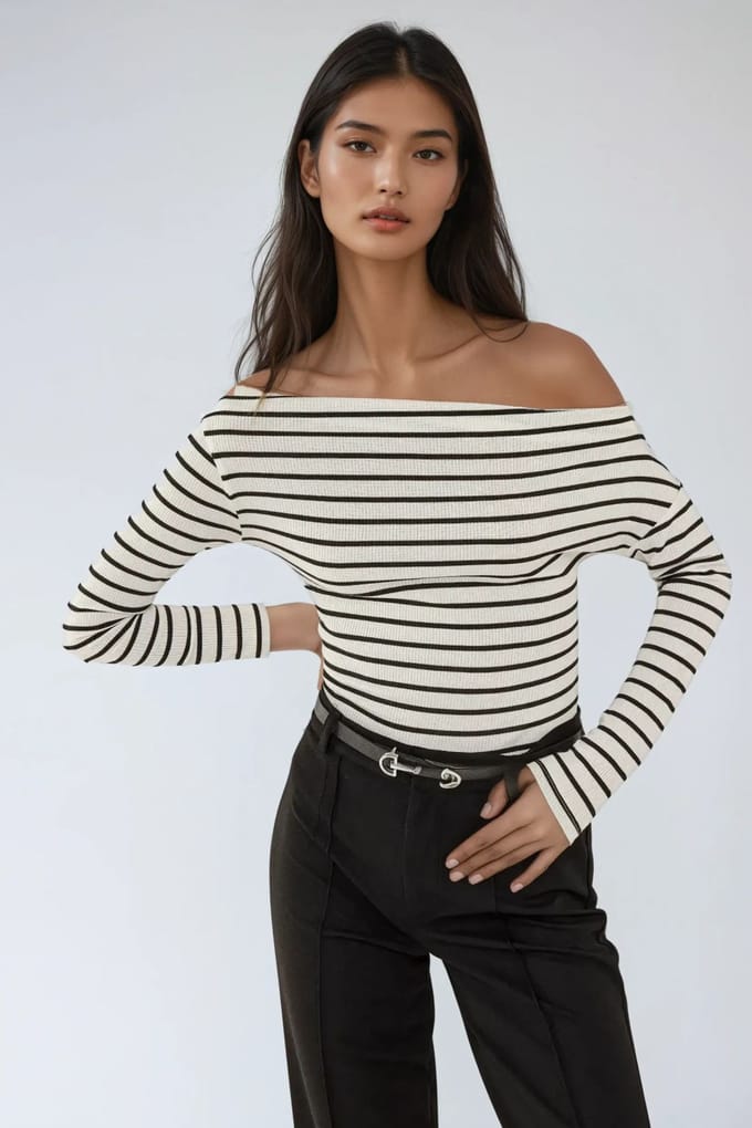 Off-Shoulder Gestreepte Ribbels Lange Mouw Top
