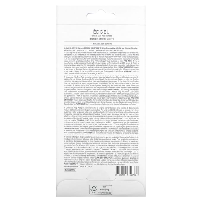 Edgeu, Perfect Gel Nail Wrap, ENT 402 Nuit Étoilée, set de 19 pièces white