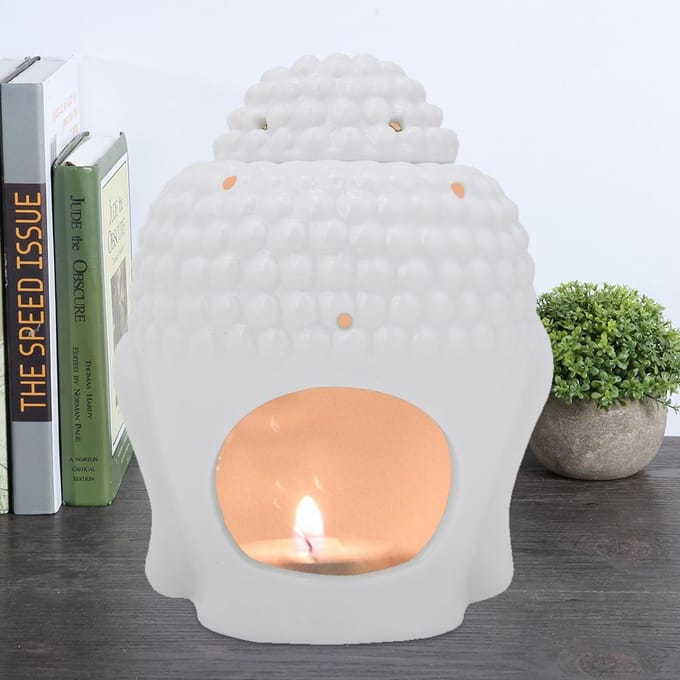 Brûleur d'huiles essentielles et diffuseur d'encens en forme de tête de Bouddha blanc white