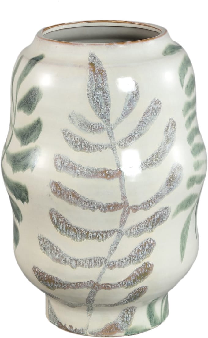 PTMD Vandy White Round Ceramic Handpainted Pot Leaves S