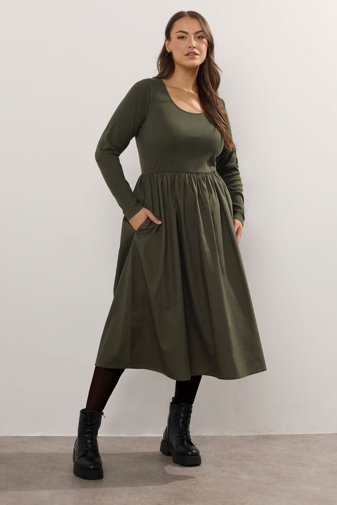 Yours Khaki Groene Gemengde Rib Midaxi Jurk Size 46
