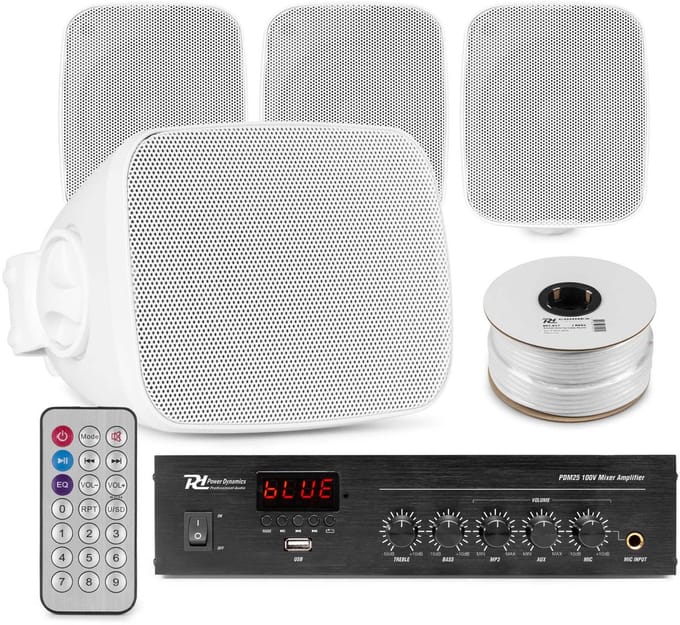 Power Dynamics buiten speakers set van 4 waterdichte mini speakers - Bluetooth en FM radio - Wit