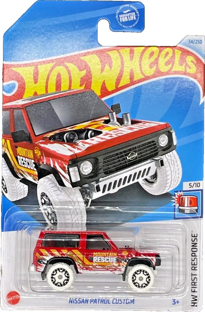 HOT WHEELS NISSAN PATROL CUSTOM MOUNTAIN RESCUERED/WHITE 34/250 1:64 FIRST RESPONSE 5/10