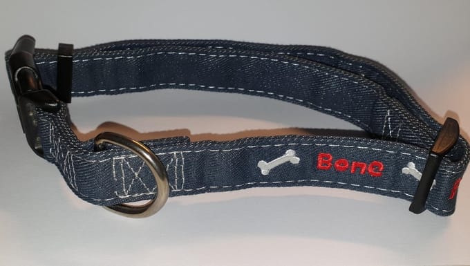 Hondenhalsband jeans met bones spijkerstof denim  48-70 cm