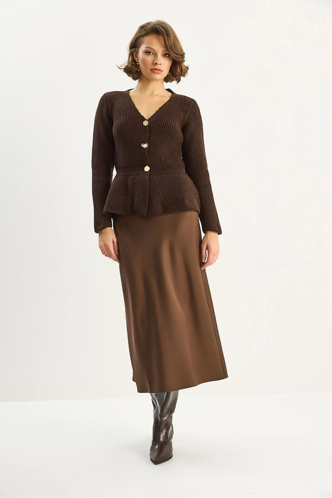 Geribde Lange Mouwen V-Hals Cardigan met Knopen