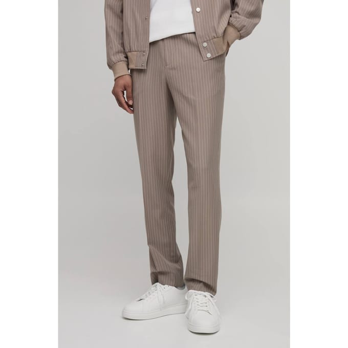 Gestreken Rechte Pasvorm Gestreepte Co-ord Broek | Taupe | Size 30