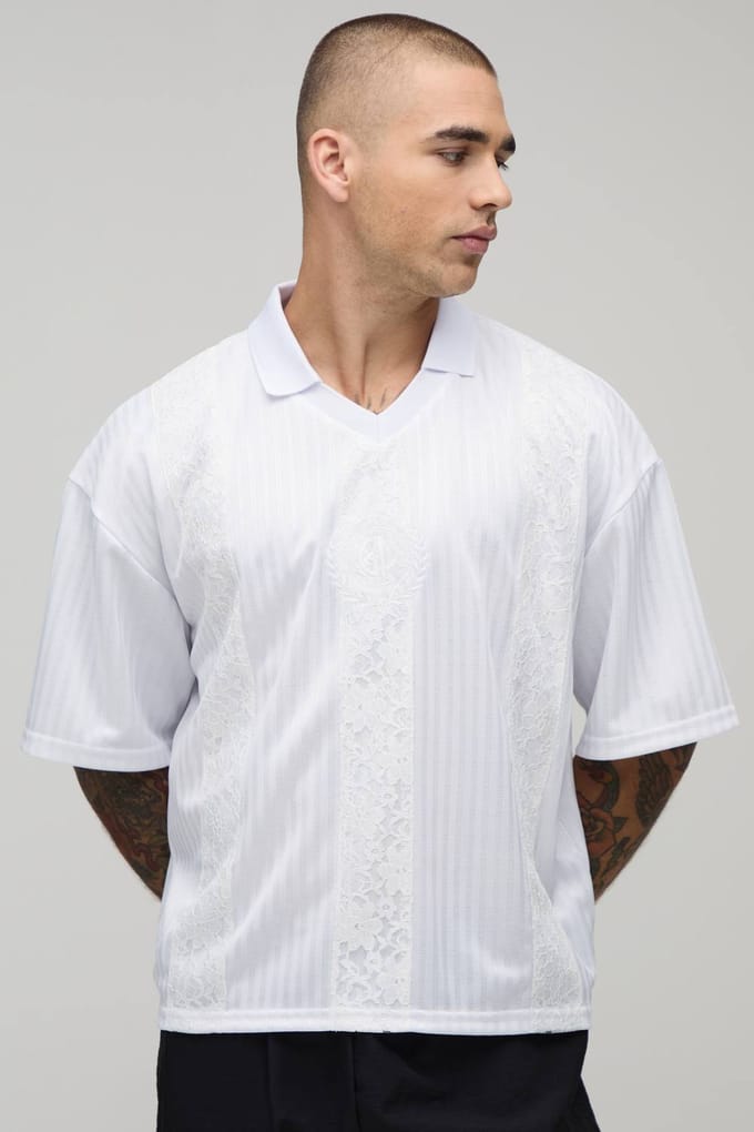 Oversized Boxy Gestreepte Top Met Kanten Paneel In Voetbalstijl | White | Size Small