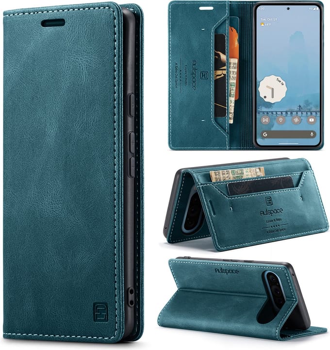 Luxe Flip Case met RFID Bescherming Kaarthouder en Magneetsluiting voor Google Pixel 9 / 9 Pro / 10 / 10 Pro _ Blauw