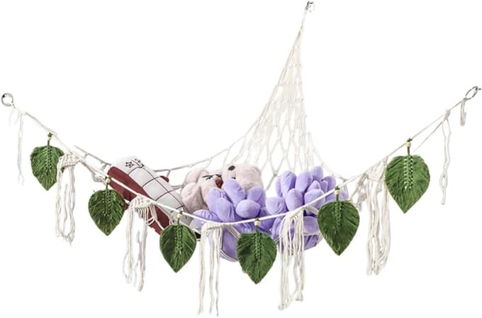 Knuffel Hangmat - Speelgoed Net - Opbergen Kinderkamer - Boho Macrame Design - 140x110 cm - Wit Groen