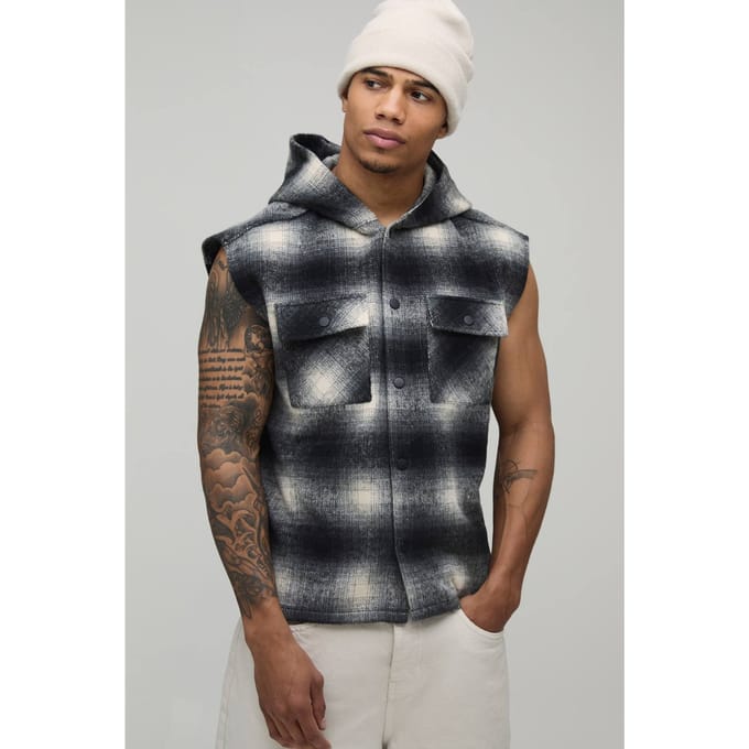 Oversized Brush Check Hooded Sleeveless Overshirt | Black | Size Medium