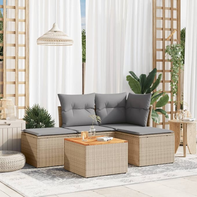 vidaXL - 5-delige - Loungeset - met - kussens - poly - rattan - beige