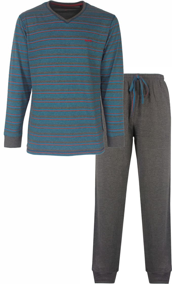 MEQ Heren Pyjama - Nachtkleding - Gestreept - Donker Grijs - Maat L