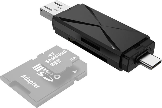 3-IN-1 USB + USB-C + Micro USB naar SD + Micro SD adapter kabel - geschikt voor o.a. Laptop en Macbook - geheugenkaart lezer - zwart