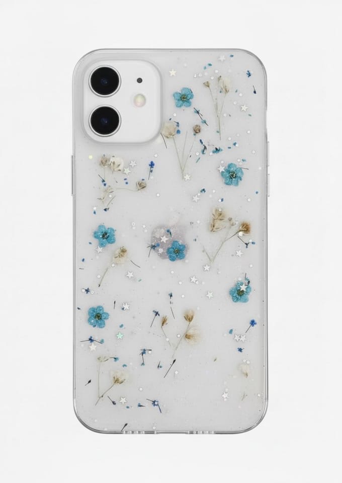 Iphone 13 telefoonhoesje - gedroogde bloemetjes - blauw