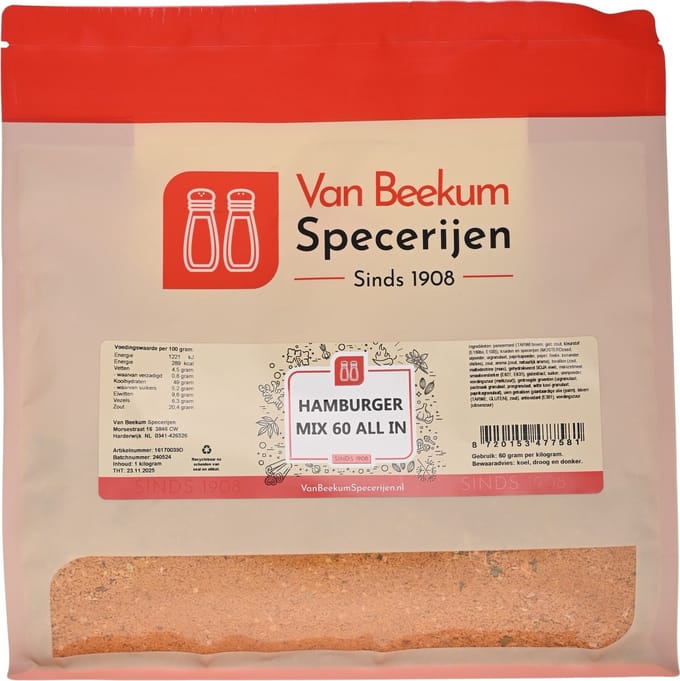 Van Beekum Specerijen - Hamburger Mix 60 All In - 1 KG (hersluitbare stazak)