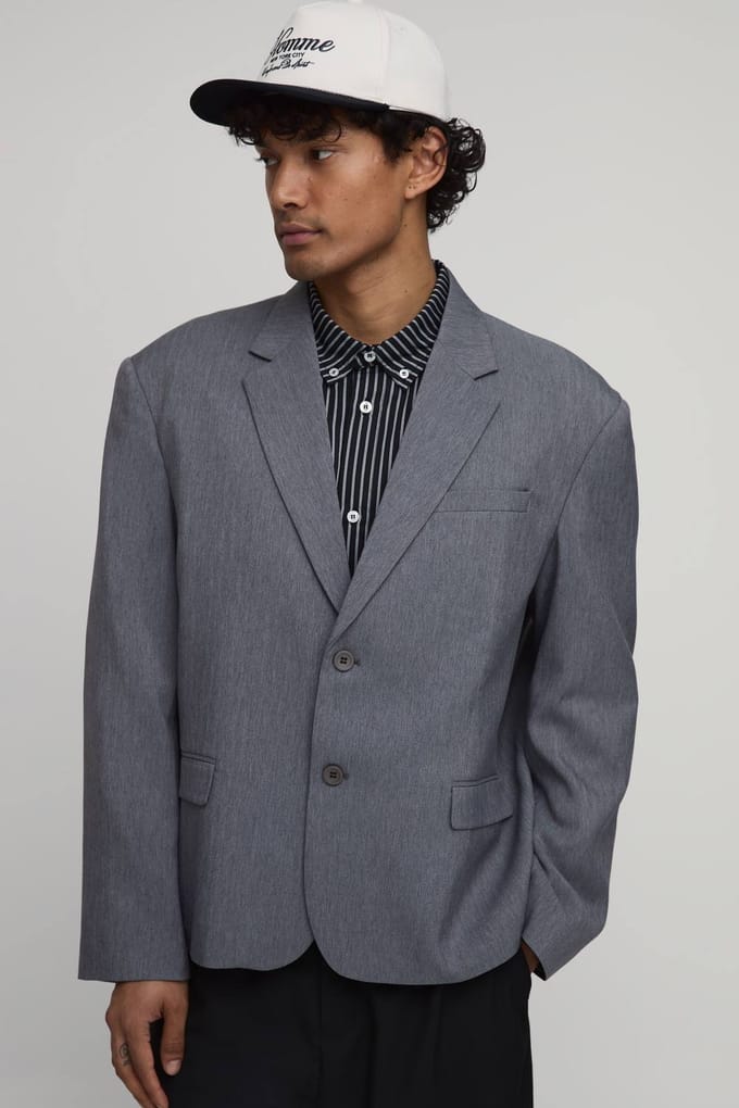 Oversized Blazer Met Visgraatmotief En Rugapplicatie | Slate | Size 34
