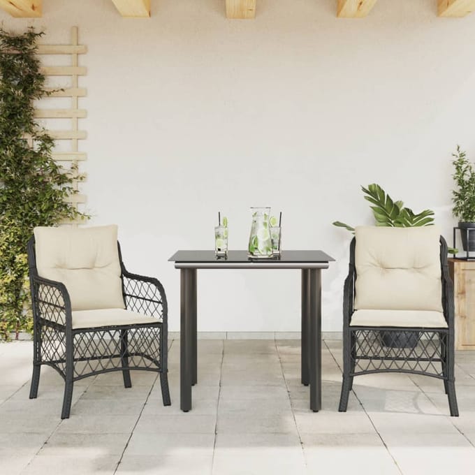 vidaXL - 3-delige - Bistroset - met - kussens - poly - rattan - zwart