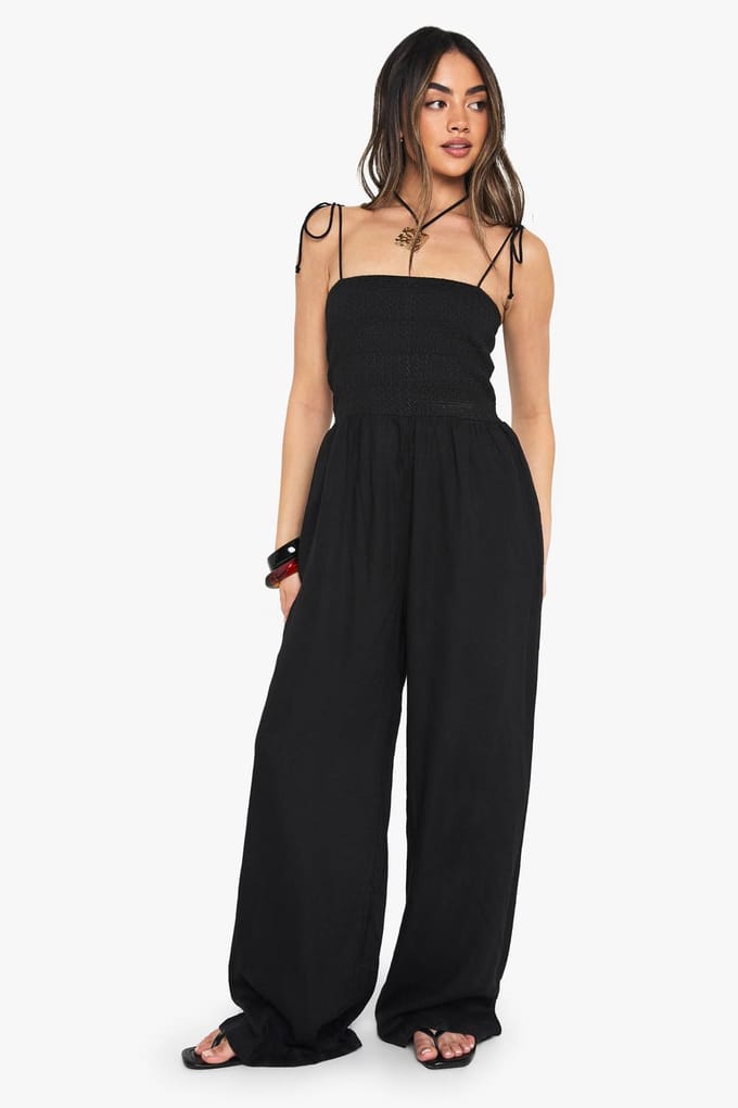 boohoo Dames Linnenlook Gerimpelde Bandeau Jumpsuit | Black | Maat: 8