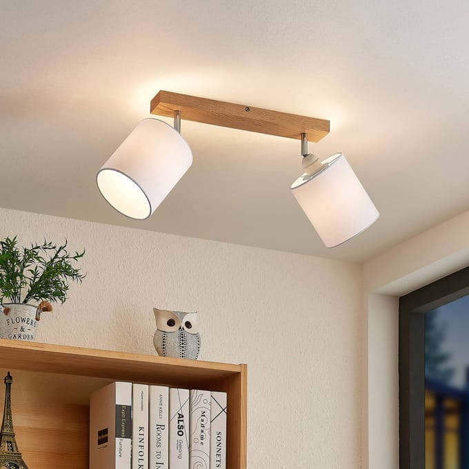 Lindby - buitenspot - 2lichts - Eikenhout, textiel - H: 26 cm - E27 - licht hout, wit