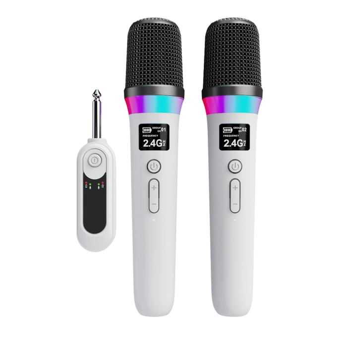 Draadloze Microfoon 2.4G Transmissie Dynamische Microfoon 5 Verlichtingsmodi 3 Stemeffecten Oplaadbaar voor Huisfeest Live wit