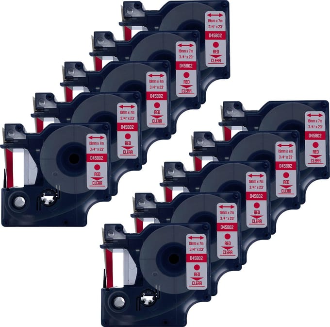DULA Dymo D1 45802 Compatible label tape - 10 lettertapes - Rood op transparant - 19mm x 7m