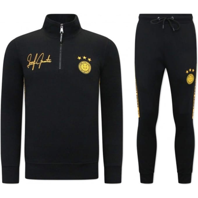 Heren Joggingspak - Half Zipper, Double Ribbon - Zwart / Geel