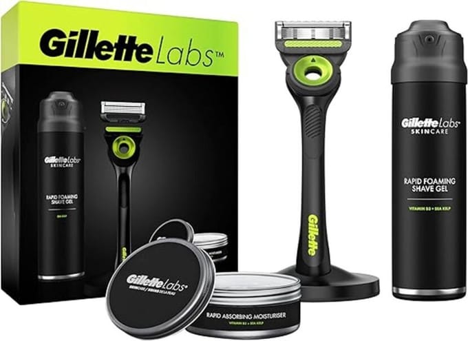 Gillette Labs geschenkverpakking met zwart en neon scheermes + scheergel 200 ml + hydraterende crème 100 ml