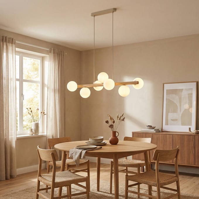 TK Lighting Hanglamp Estera, opaalglas, hout, 7-lamps