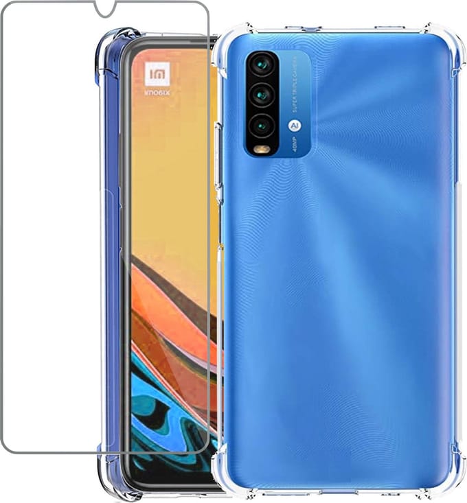 Geschikt voor Xiaomi Redmi 9T Hoesje - Case Transparant + Screenprotector - Beschermglas