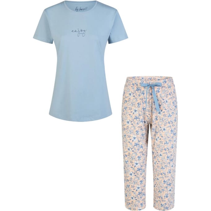 By Louise Dames Capri Pyjama Set Driekwart Broek Blauw/Soft Orange Gebloemd - Maat M